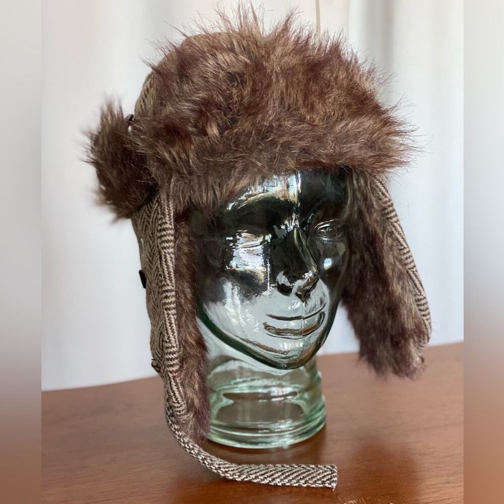 Ben Sherman wool/poly faux fur trapper hat size small/med brown beige